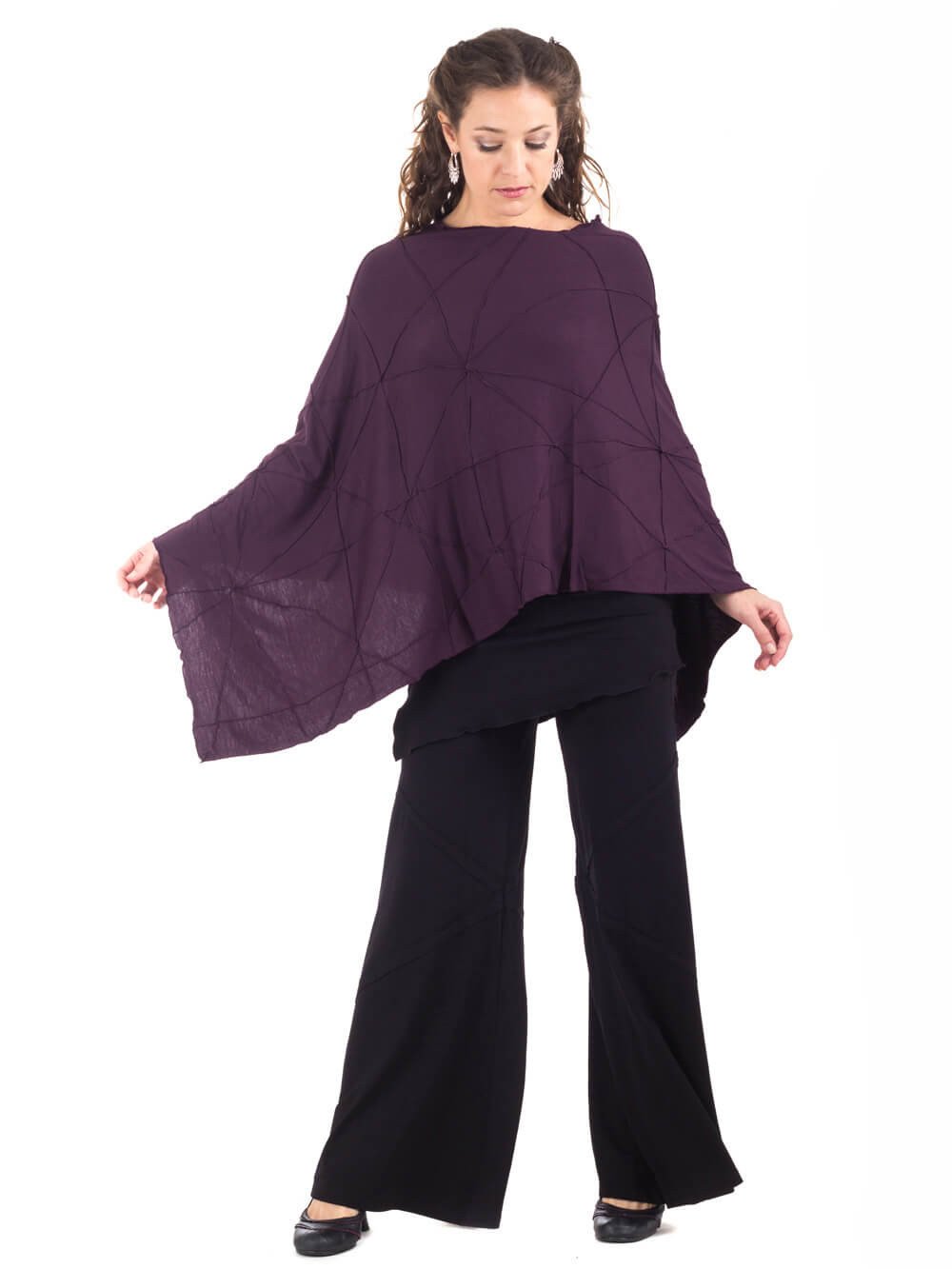 Womens Rayon Jersey Reversible Texture Poncho in Plum with Rayon Jersey Wide Leg Panel Pants in Black