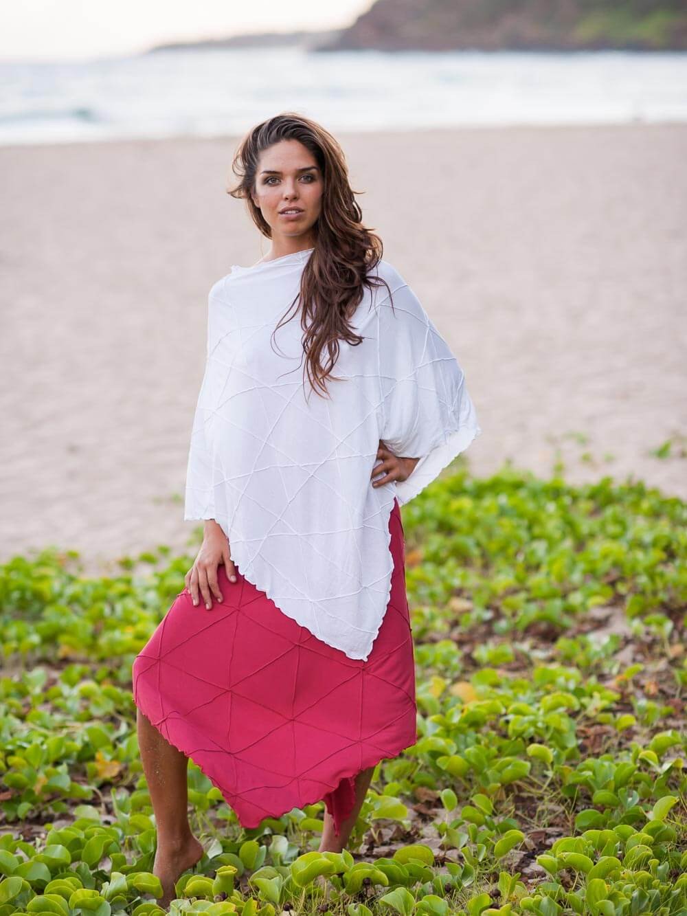 Womens Rayon Jersey Reversible Texture Poncho in White with Texture Poncho in Coral as skirt