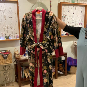 Floral cotton satin with silk trim robe